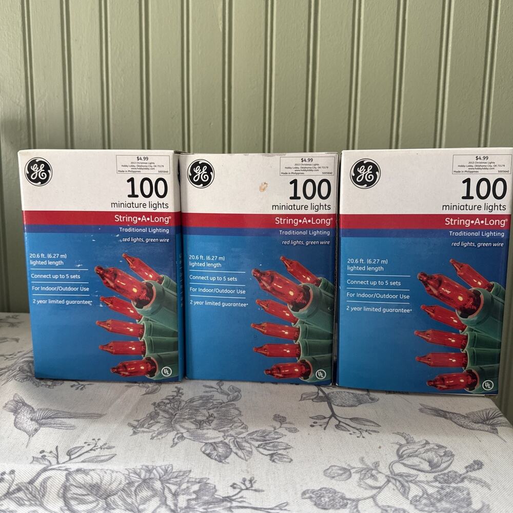 New 3 Boxes Lot GE 100ct 20.6' Red String Christmas Lights Miniature Green Wire